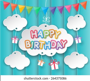 Happy birthday paper clouds, sun and party flags hanging on summer sky background.
