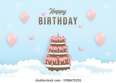 Happy birthday paper cut style greeting card with cake birthday, a decorated balloon with clouds. Sweet blue background. Vector illustration with lace.