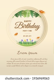 Happy birthday paper cut style greeting card with text birthday, a decorated leaves in the forest. Minimal background. There is a space for the text. Vector illustration with lace.	
