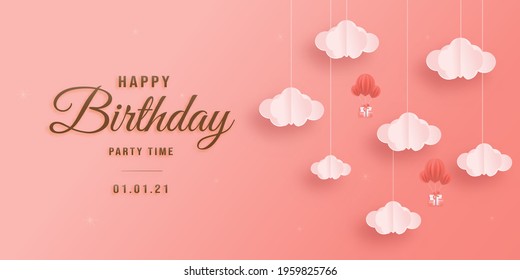 Happy birthday paper cut style greeting card with gift box birthday, a decorated balloon with clouds. Sweet blue background. There is a space for the text. Vector illustration with lace.