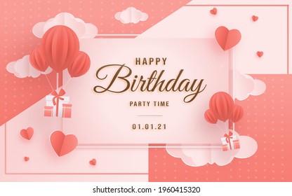 Happy birthday paper cut style greeting card with gift box birthday, a decorated balloon with clouds. Sweet blue background. There is a space for the text. Vector illustration with lace.