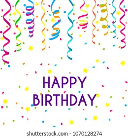Happy birthday paper sign over confetti. Vector holiday illustration.