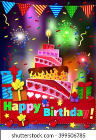 Happy birthday paper sign over confetti. Vector holiday illustration.