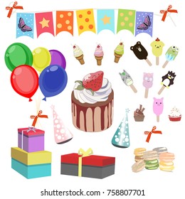 Happy birthday party accessories. Set of Holidays attributes. Birthday party elements vector set. Birthday cake, bunting flag, balloons, gift, festive paper cap, kids ice cream.