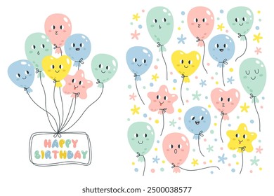 Happy birthday party and anniversary event festive colorful helium balloons with cute faces in hand drawn style seamless pattern and postcard design vector illustration. Decorative greeting template