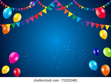 Happy Birthday Party Background with Flags and Balloons Vector Illustration. EPS 10
