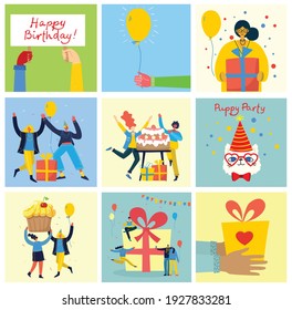 Happy birthday party backgrounds. Happy group of people celebrate on a bright background. Vector illustration in a flat style