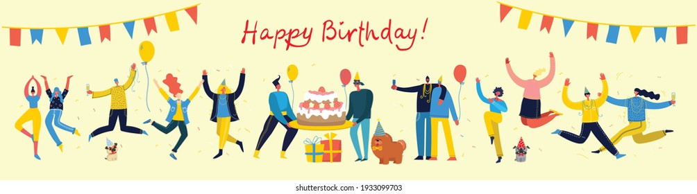 Happy birthday party backgrounds. Happy group of people celebrate on a bright background. Vector illustration in a flat style