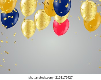 Happy Birthday party with balloons and ribbons on white background