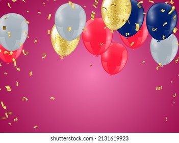 Happy Birthday party with balloons and ribbons on pink background with space for your text