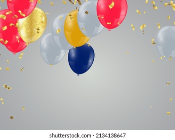 Happy Birthday party with balloons and ribbons on white background with space for your text