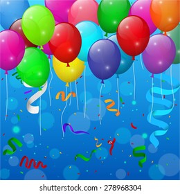 Happy Birthday party with balloons and ribbons background
