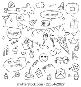 Happy birthday, party big doodle set. Party decoration, balloons, gift box, cake with candles, confetti, party hats, cupcakes, flags, glasses of wine, beer mugs and speech bubbles with text.