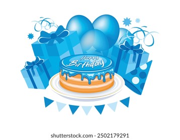 Happy birthday party with blue cake, gift box, balloons and confetti vector illustration. Birthday blue cake and presents icon set isolated on white background