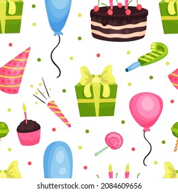 Happy Birthday Party with Cake and Balloon as Festive Symbol Vector Seamless Pattern Template