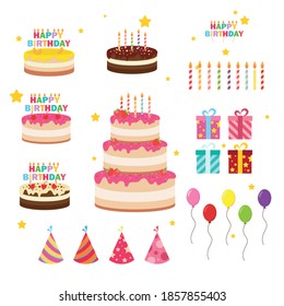 Happy birthday party birthday cake box Celebration Party Hat Gifts Multicolor balloons birthday candles set isolated flat vector graphic design illustration And icon elements