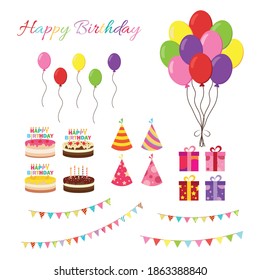 Happy birthday party birthday cake box Celebration Party Hat Gifts Multicolor balloons birthday candles set isolated flat vector graphic design illustration And icon elements