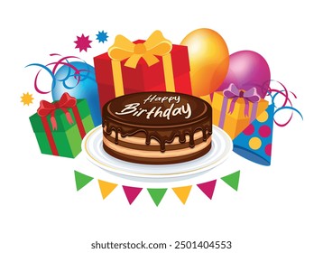 Happy birthday party with cake, gift box, balloons and confetti vector illustration. Birthday chocolate cake and presents icon set isolated on white background