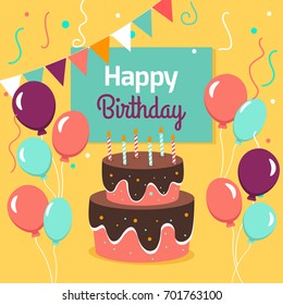 Happy Birthday Party card with cake and ballons. Vector illustration