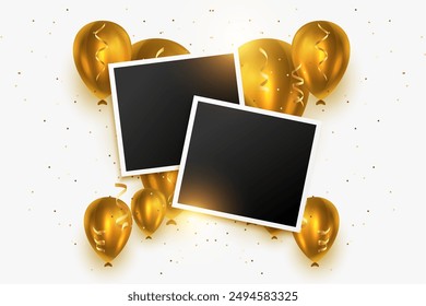 happy birthday party card with photo frame and balloon design vector