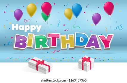 Happy birthday party card template with colorful balloons, 3d text, gifts and ribbons. Vector illustration with transparent shadows.