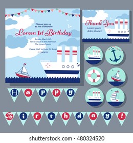 Happy Birthday Party Card with two boats in the sea. Thank you card