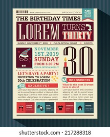 Happy Birthday Party card vector design layout in newspaper style