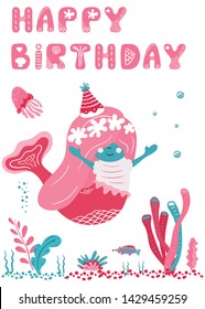 Happy Birthday Party cards with mermaid. Hand drawn graphic for typography card, flyer, page, banner, nursery. Scandinavian style. Blue, pink and red. Vector illustration