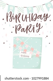 Happy Birthday Party cards set with cake, cupcake, topper, candles and lettering text. Vector hand drawn illustration.