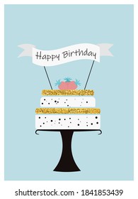 Happy Birthday Party cards set with cake, cupcake, topper, candles and lettering text. Vector hand drawn illustration.