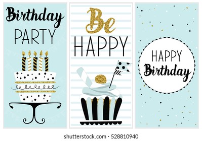 Happy Birthday Party cards set with cake, cupcake, topper, candles and lettering text. Vector hand drawn illustration.