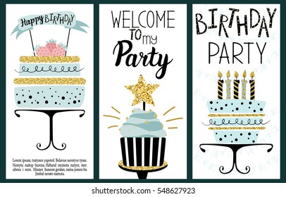 Happy Birthday Party cards set with cake, cupcake, topper, candles and lettering text. Vector hand drawn illustration.