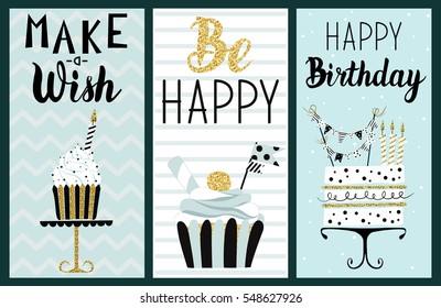 Happy Birthday Party Cards Set With Cake, Cupcake, Topper, Candles And Lettering Text. Vector Hand Drawn Illustration.