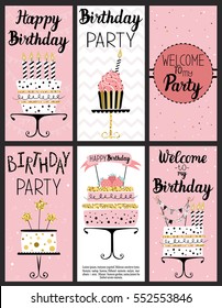 Tarjetas de fiesta de cumpleaños felices con pasteles, pasteles, cubiertos, velas, números y texto escrito. Ilustración dibujada a mano por vectores.