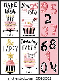 Happy Birthday Party cards set with cakes, cupcakes, toppers, candles, numbers and lettering text. Vector hand drawn illustration.