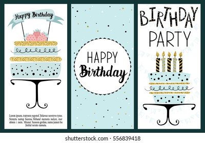 Alegres tarjetas de fiesta de cumpleaños con pastel, quequitos, cubiertos, velas y texto con letras. Ilustración dibujada a mano por vectores.