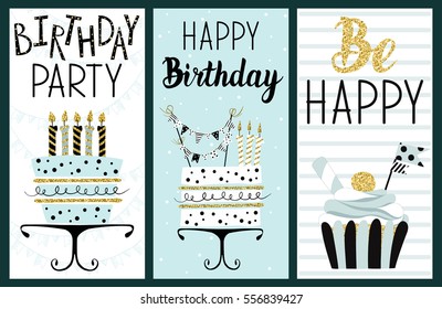 Cartões de festa de feliz aniversário definidos com bolo, cupcake, topper, velas e texto de letras. Ilustração desenhada à mão vetorial.