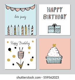 Happy Birthday Party cards set. Vector hand drawn illustration.