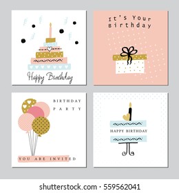 Happy Birthday Party cards set. Vector hand drawn illustration.