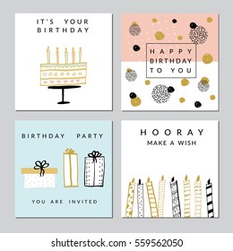 Happy Birthday Party Cards Set. Vector Hand Drawn Illustration.