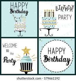 Happy Birthday Party cards set with cake, cupcake, topper, candles and lettering text. Vector hand drawn illustration.