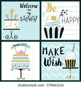 Alegres tarjetas de fiesta de cumpleaños con pastel, quequitos, cubiertos, velas y texto con letras. Ilustración dibujada a mano por vectores.