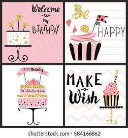 Happy Birthday Party cards set with cake, cupcake, topper, candles and lettering text. Vector hand drawn illustration.