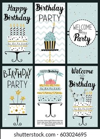 Happy Birthday Party cards set with cakes, cupcakes, toppers, candles, numbers and lettering text. Vector hand drawn illustration.