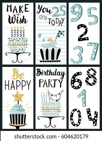 Tarjetas de fiesta de cumpleaños felices con pasteles, pasteles, cubiertos, velas, números y texto escrito. Ilustración dibujada a mano por vectores.