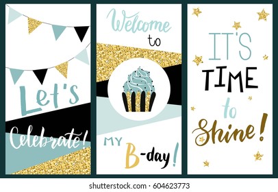 Happy Birthday Party cards set with cake, cupcake, topper, candles and lettering text. Vector hand drawn illustration.