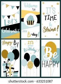 Happy Birthday Party cards set with cake, cupcake, topper, candles and lettering text. Vector hand drawn illustration.