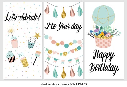 Tarjetas de fiesta de cumpleaños felices con pasteles, pasteles, toppers, globos, velas y texto con letras. Ilustración dibujada a mano por vectores.