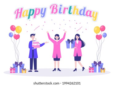 Happy Birthday Party Celebrating Illustration with Balloon, Hats, Confetti, Gift and Cake. For Making Card, Invitations, Photo Frames and Backgrounds