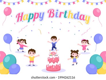 Happy Birthday Party Celebrating Illustration with Balloon, Hats, Confetti, Gift and Cake. For Making Card, Invitations, Photo Frames and Backgrounds